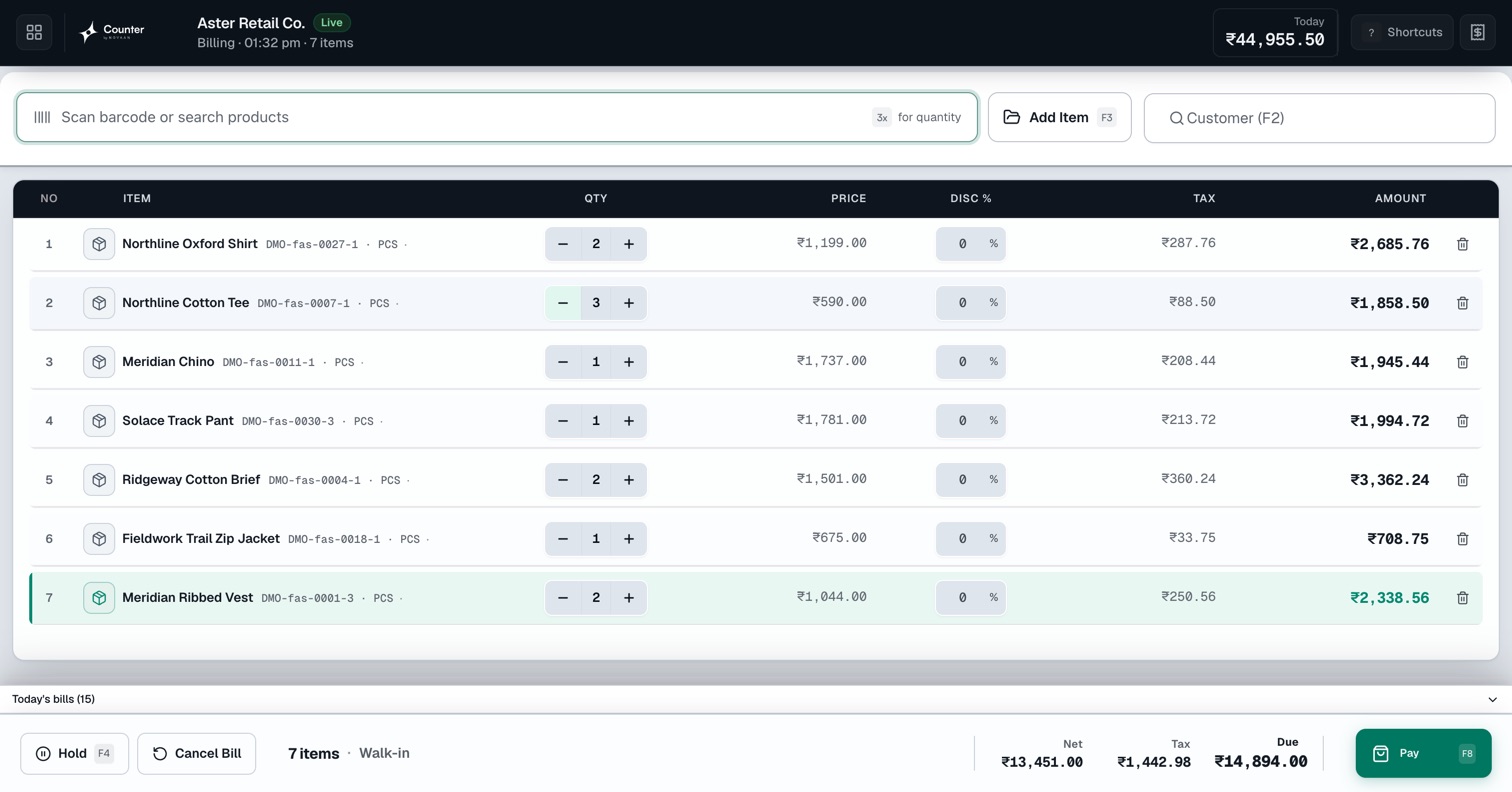 The Counter point-of-sale screen: a seven-line bill with per-line GST, the day's takings, and the total due.